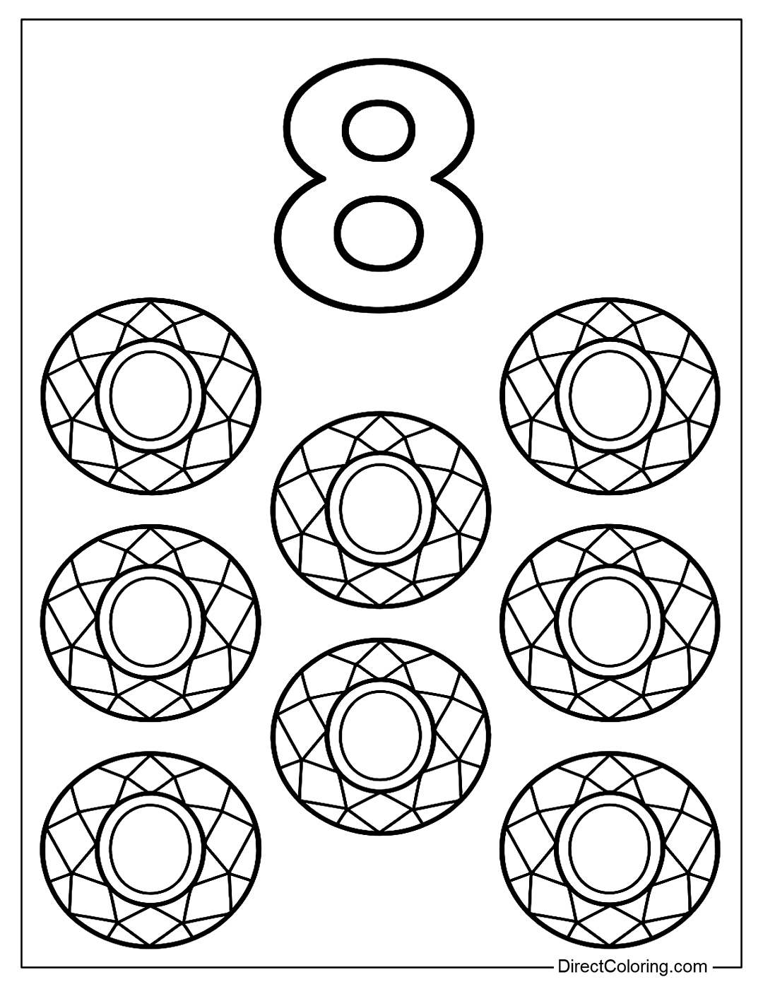 Coloring page number 8 with 8 jewels or circles that look like jewelry.